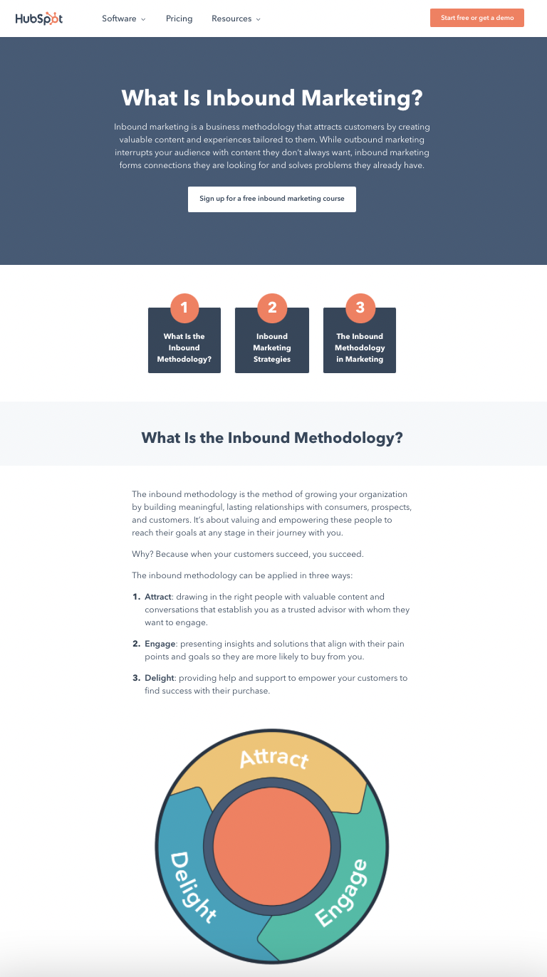 Here is an example of a HubSpot pillar page that broadly describes inbound marketing.