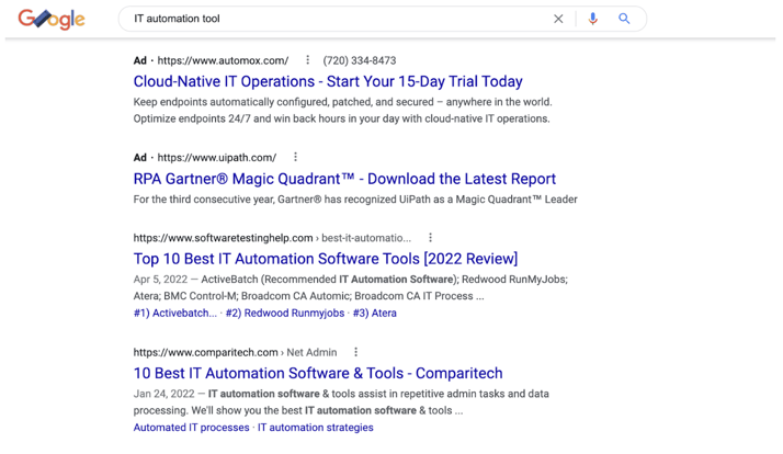 Their ad is the first thing users see when they search for IT automation tools and prominently showcases an offer for a 15-day free trial.